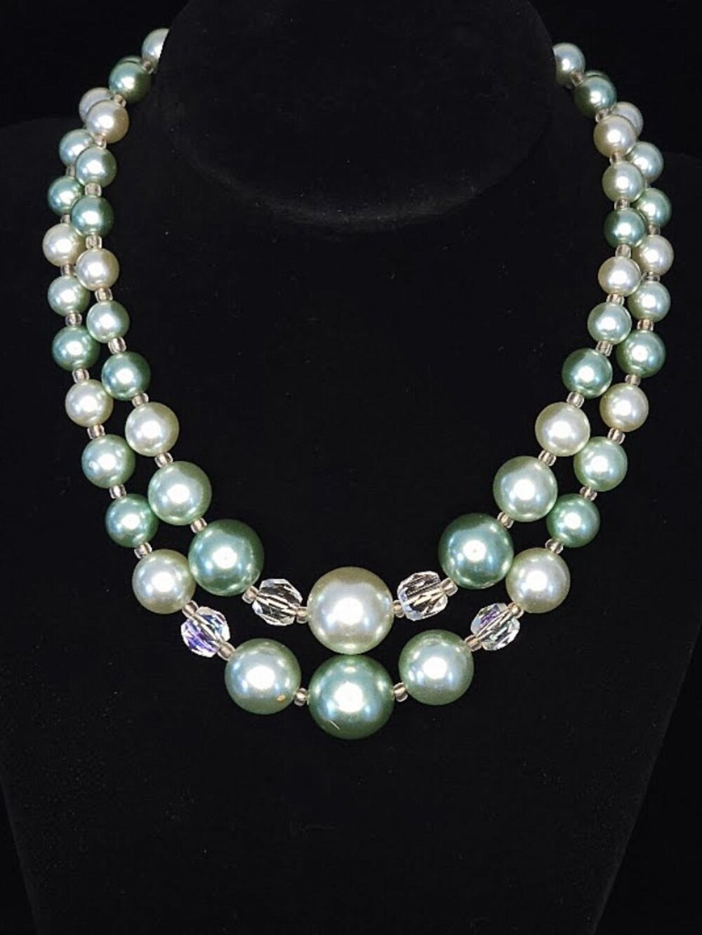 Beautiful Vintage Mid-Century Double-Strand Faux Pearl & Crystal Necklace!